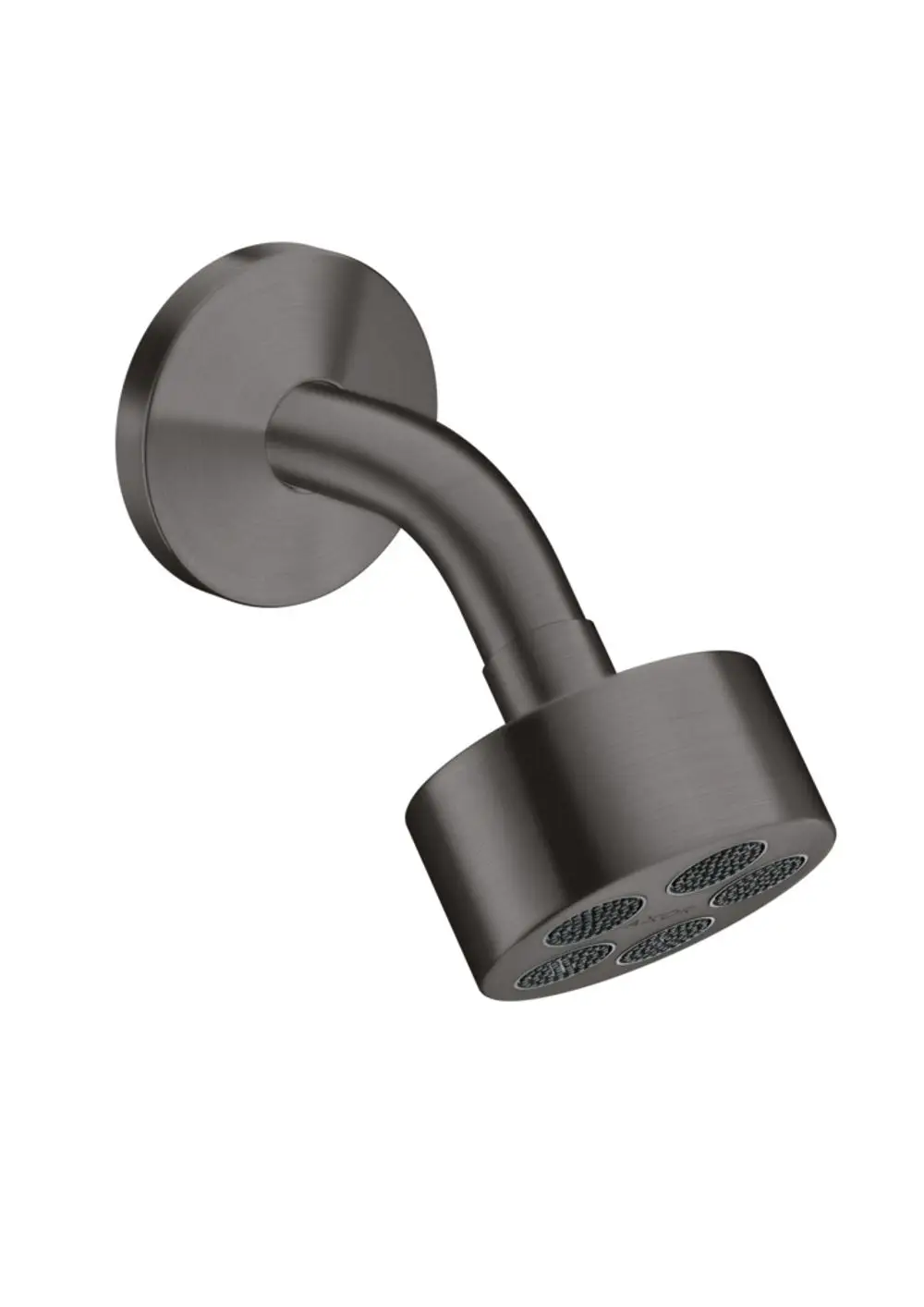 Kopfbrause in brushed black chrome mit einem festen Auslauf, montiert an einer Wand. Das Produkt gehört zur Marke AXOR und bietet eine einfache, funktionale Designansprache.